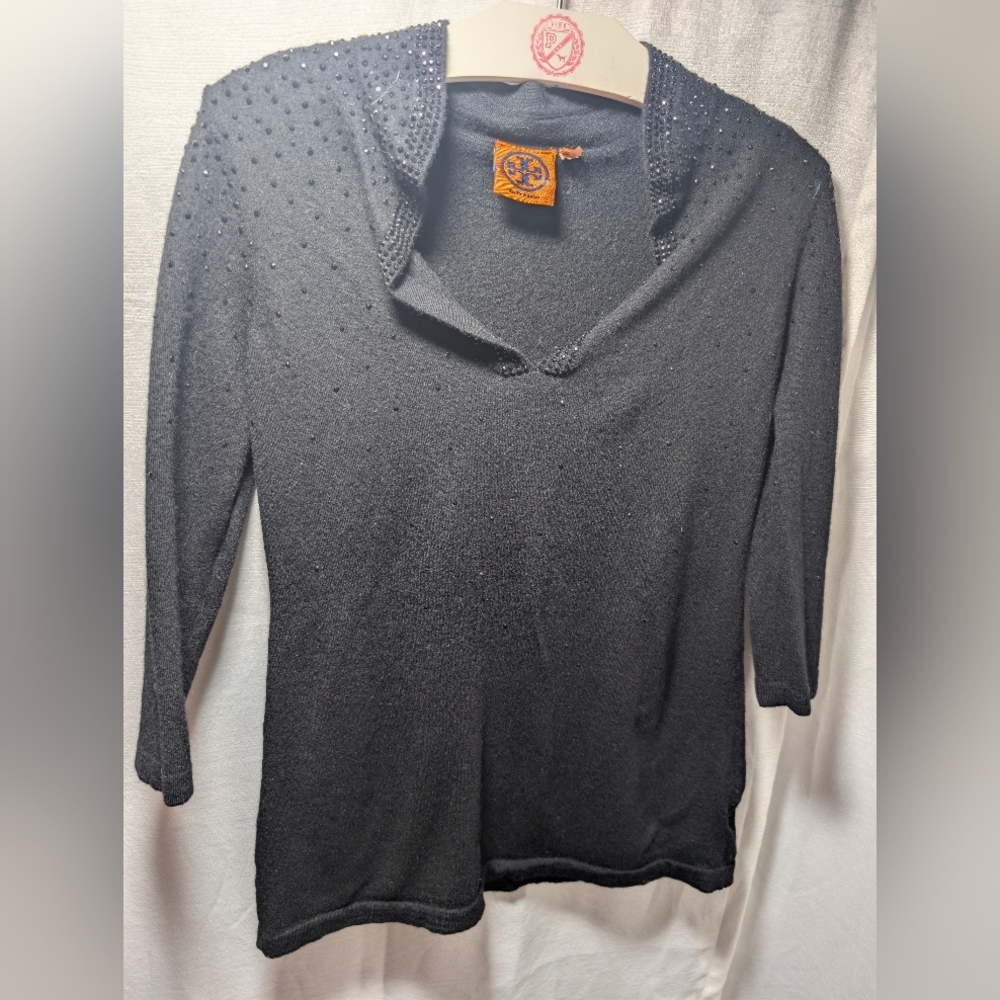 Tory Burch Vintage Black Crystal Embellished Tunic Sweater Size M